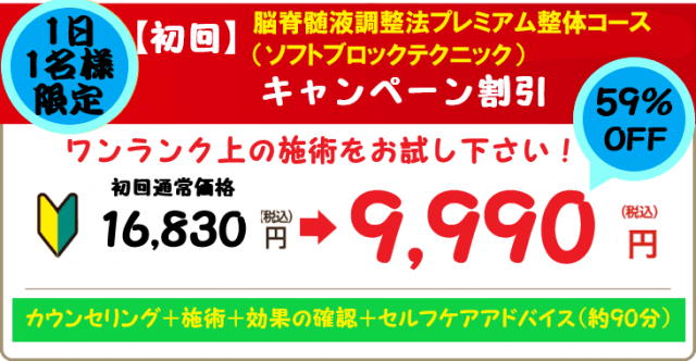 国分寺の整体【 口コミＮｏ.1 】のぶ整体院では1日1名様限定の脳脊髄液調整法プレミアム整体コースキャンペーン割引をやっています。