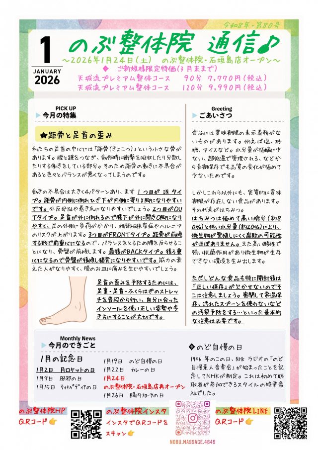 のぶ整体院通信　2026年1月号　No.80　表面