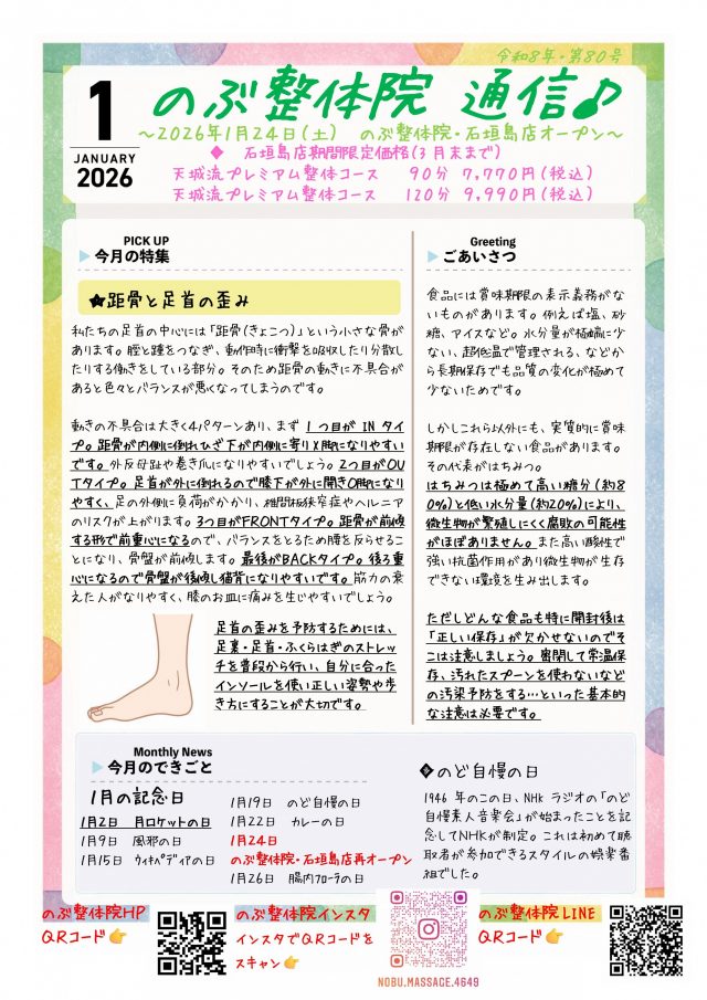 のぶ整体院通信　2026年1月号　No.80　表面